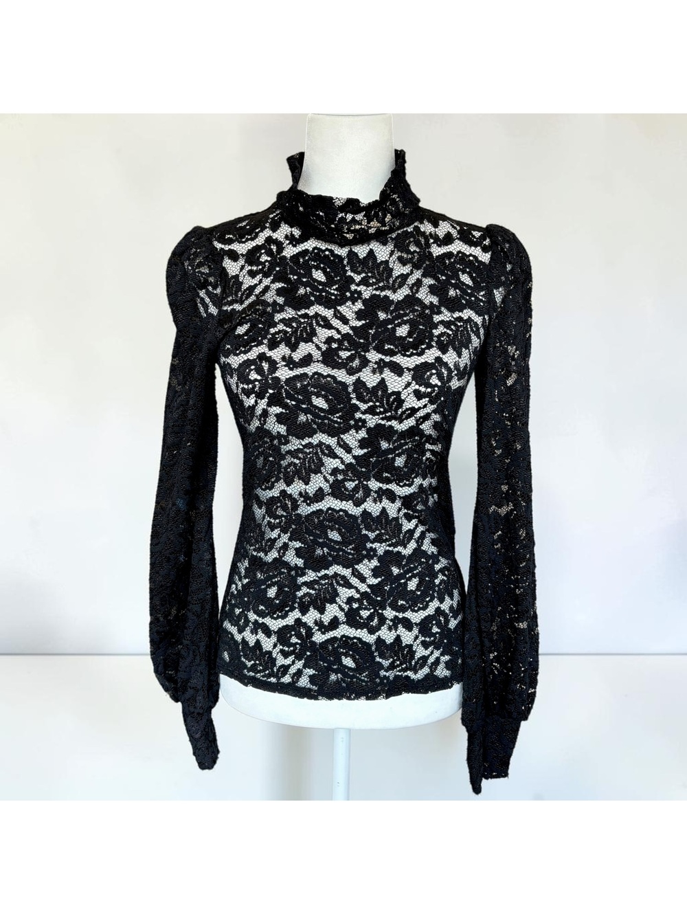 L'Agence Samara Black Floral Lace Ruffle Mock Neck Puff Sleeve Top S